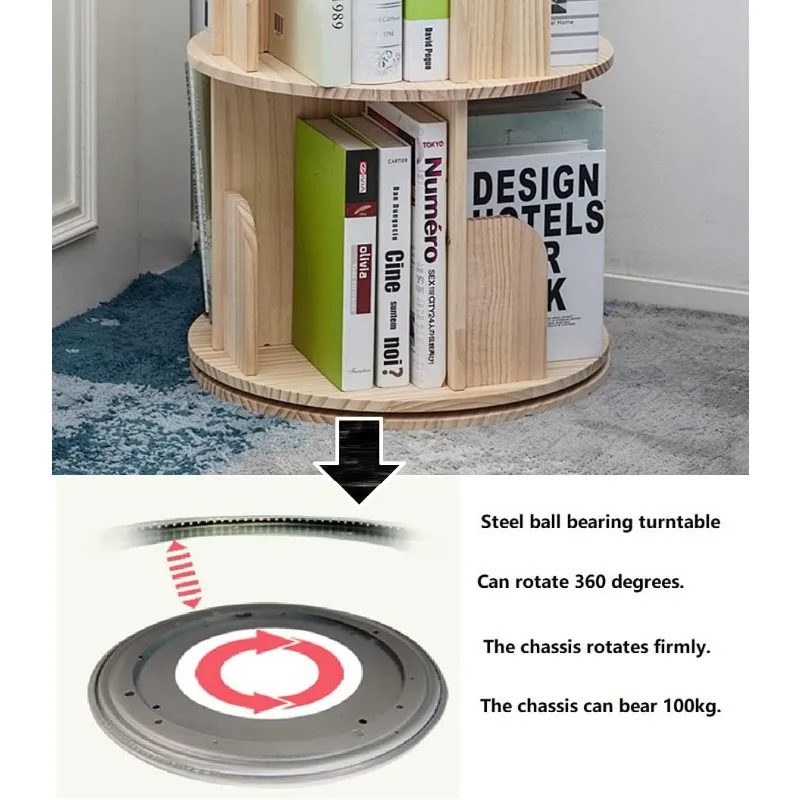 Rotating Bookshelf 360 Display 4 Tier Floor Standing Bookcase Storage Rack for Kids&Adults Solid Wood Bookshelf Organizer