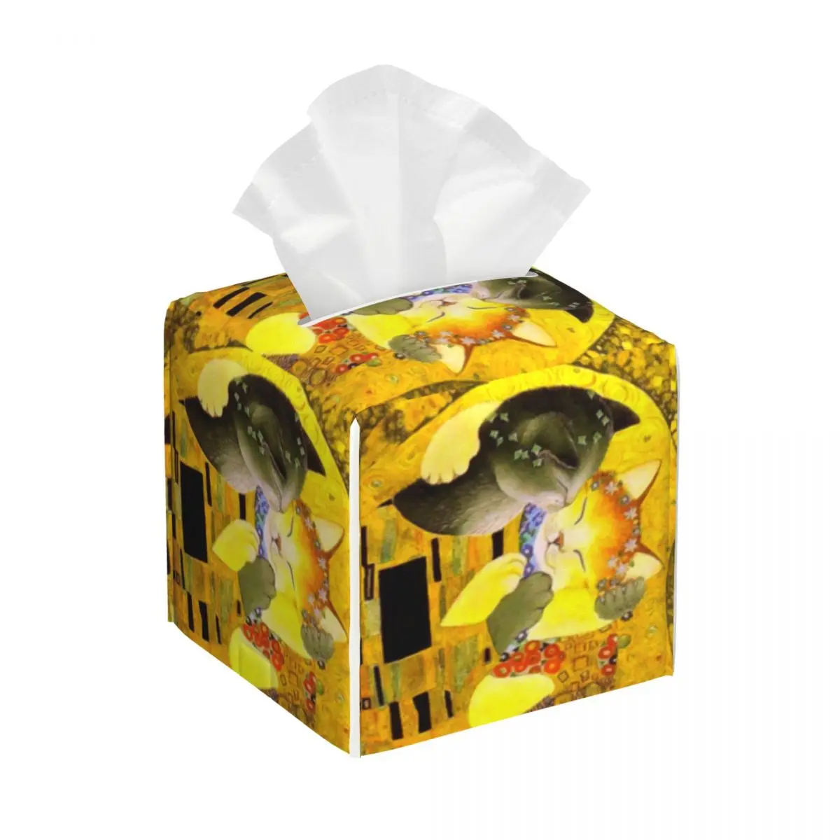 Custom Pet Cat The Kiss Tissue Box Cover PU Leather Square Gustav Klimt Art Facial Tissues Holder for Car