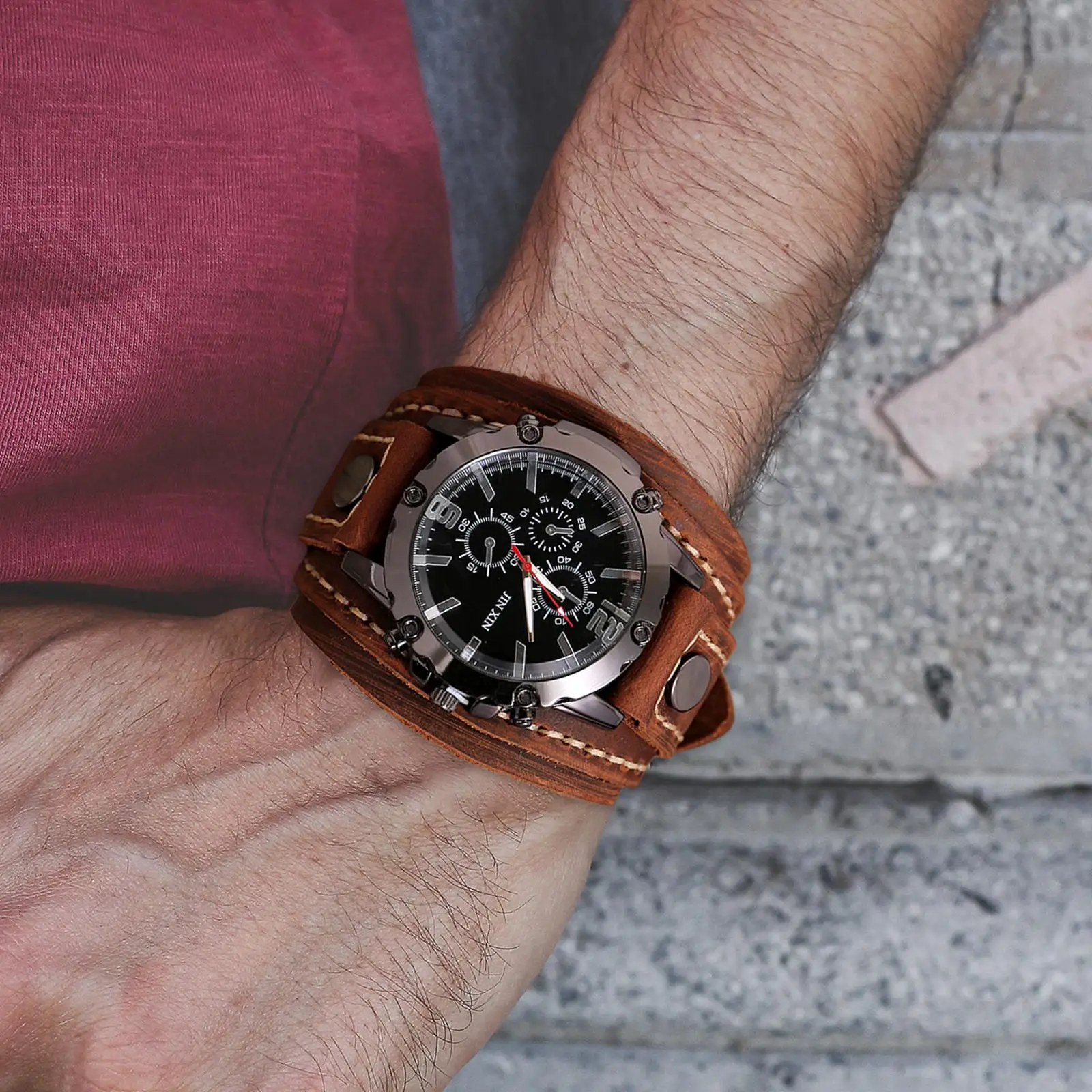 Reloj de pulsera punk vintage, reloj de pulsera con números romanos y correa ancha de cuero PU, relojes para hombres y mujeres