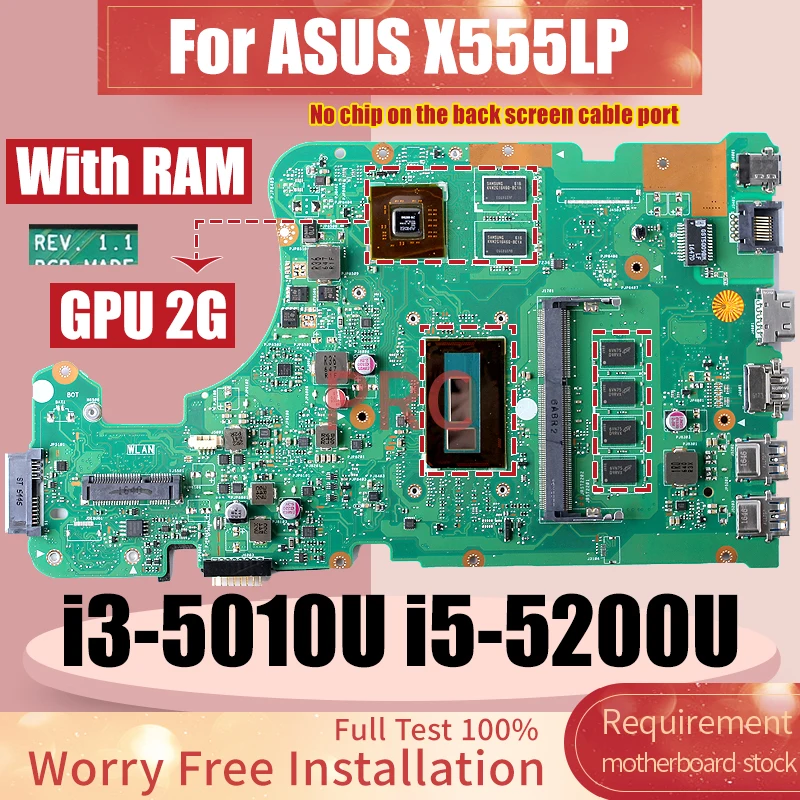 

REV:1.1 For ASUS X555LP Laptop Motherboard i3-5010U I5-5200U 216-0867040 2G 60WB0980 Notebook Mainboard