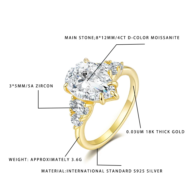 

Женское кольцо с муассанитом 4 карата D-цвета 8*12 мм, серебро S925, позолоченное 18-каратное циркониевое акцентное роскошное ювелирное изделие для помолвки