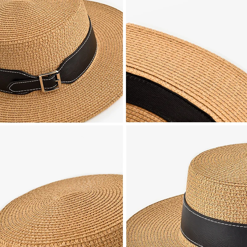 BEAU TODAY Straw Hats Women Paper Straw Khaki Wide Brim Black Panama Metal Decotarion Summer Beach Fashion Ladies Sun Caps 96505