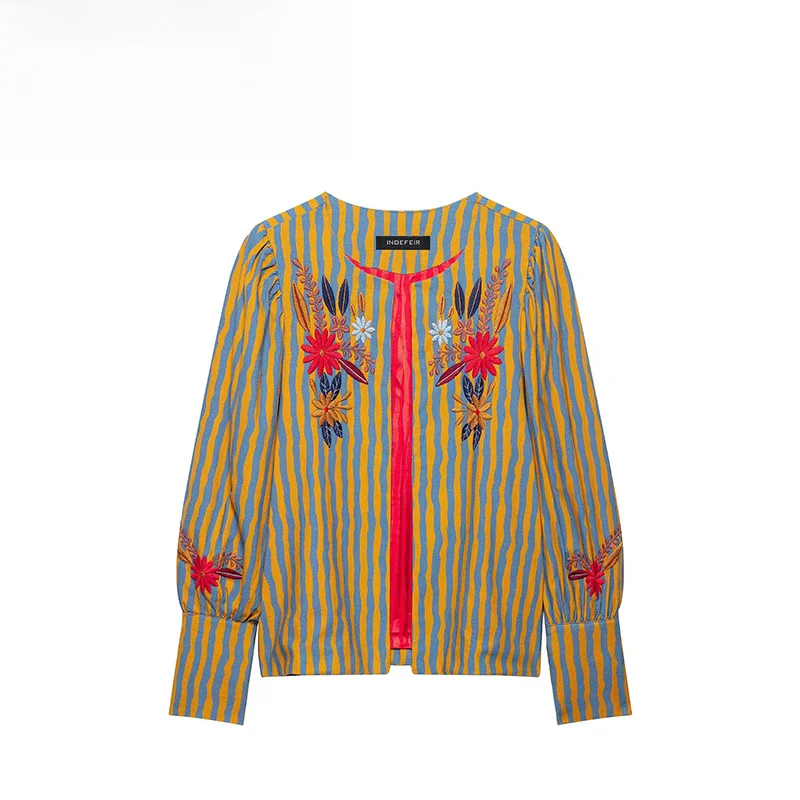 Fashionable Striped Floral Embroidery Jacket ZR Summer New Arrival Women's Standard Fit Polyester Long Sleeve Coat