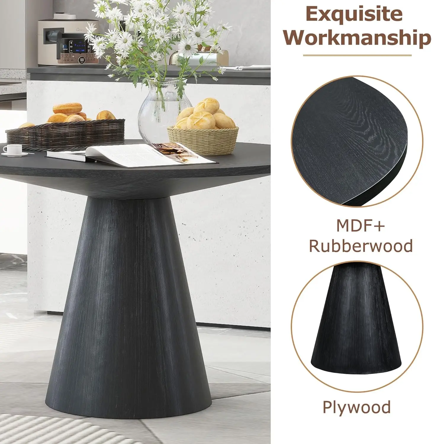 Round Dining Table, Retro Style Wooden Round Dining Table, Kitchen Table for Kitchen Room, Living Room (Black)