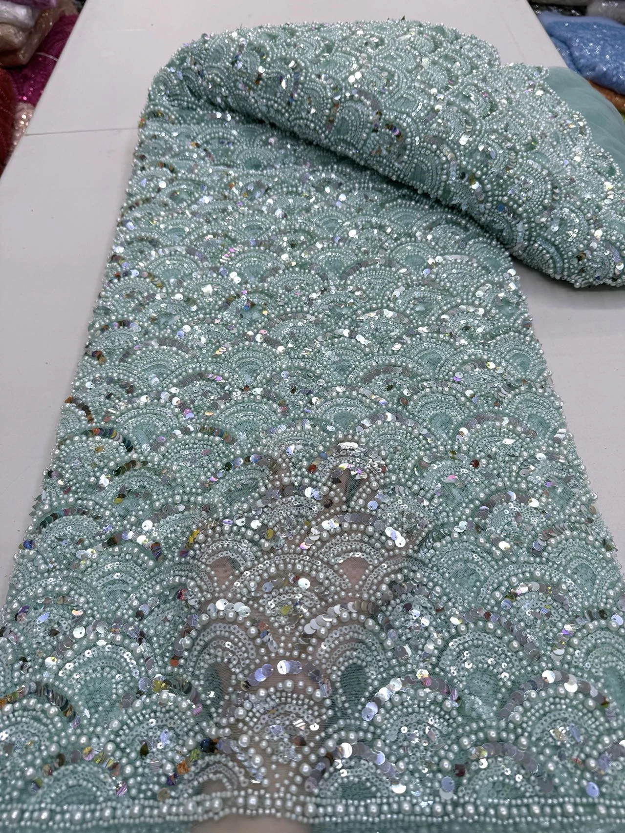 

Luxury African Mesh Lace Sequin Fabric,For Sewing,Clothes,Beaded,Tulle,Wedding Dresses,Embroidery,Fabrics By The Meter,5 Yards