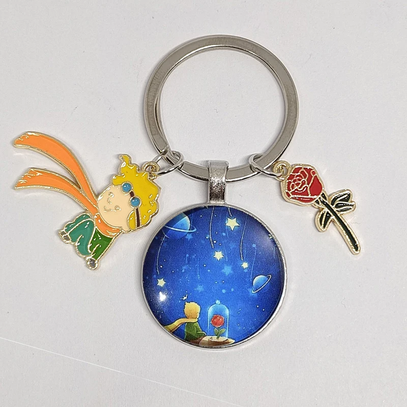 New Little Prince Fox Keychain Starry Sky Back Metal Rose Keyring Pendant Creative Gift Hang Bag