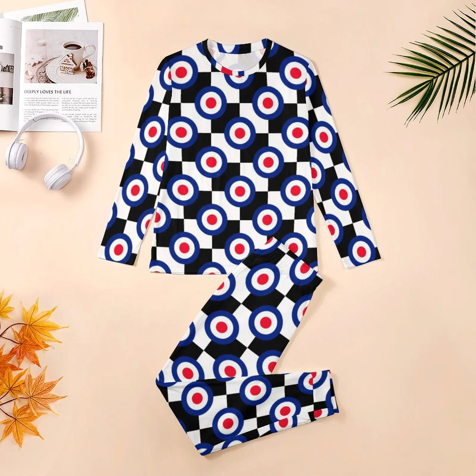 Retro Mod Print Pajamas Winter Roundels Checkers Home Home Suit Men Two Piece Custom Long Sleeve Kawaii Oversized Pajama Sets