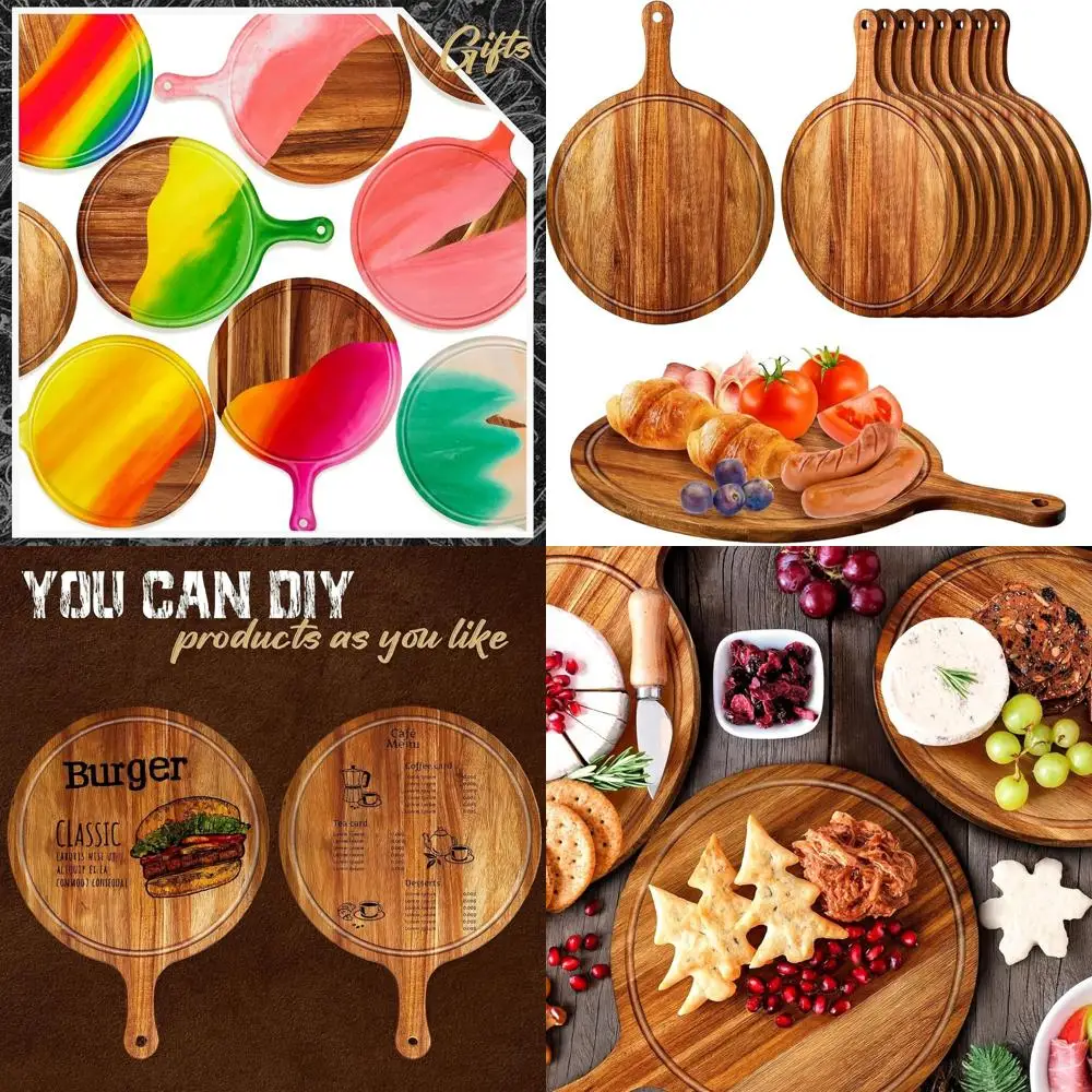 

Acacia Wood Round Cutting Boards, 10-Pack, 15.4x11.4 Inches, with Handle for Kitchen Use: Serving, Preparing Pizza, Bread, Chees