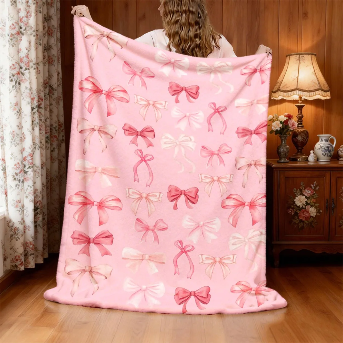 Cozy Pink Bow Print Flannel Blanket Soft, Reversible, Suitable for All Seasons, Perfect Gift for Sofa, Bed, Office, and Travel I