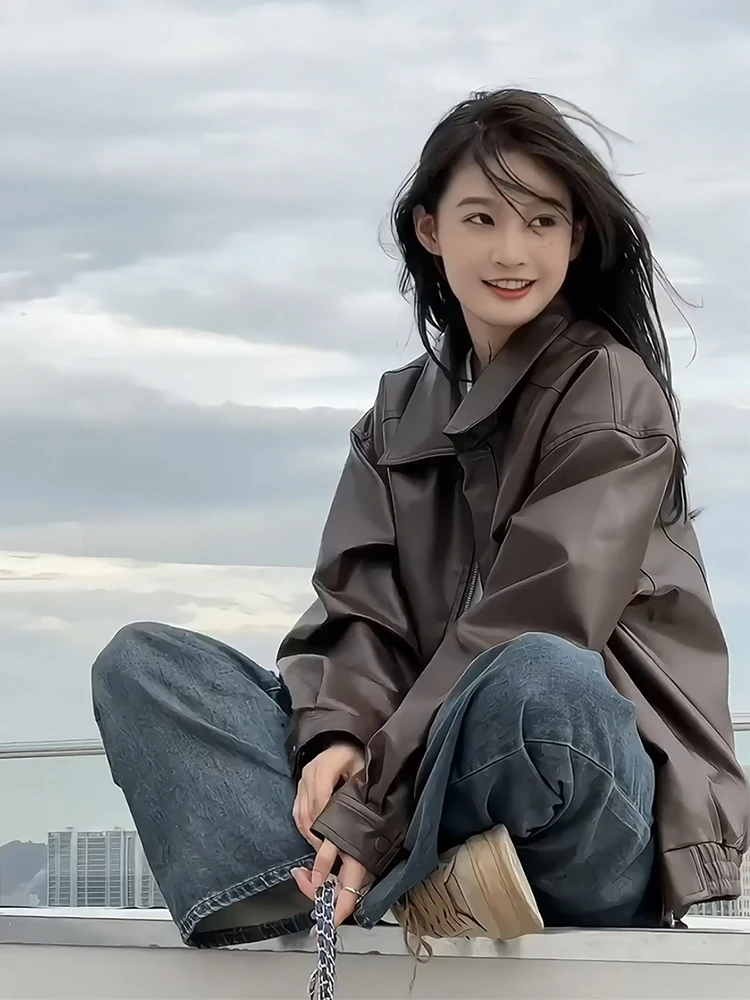 ブラウン PU レザー ジャケット レディース 春秋 スポーツ コート オートバイ ワークウェア パッド入り ジャケット ルーズフィット ロングスリーブ