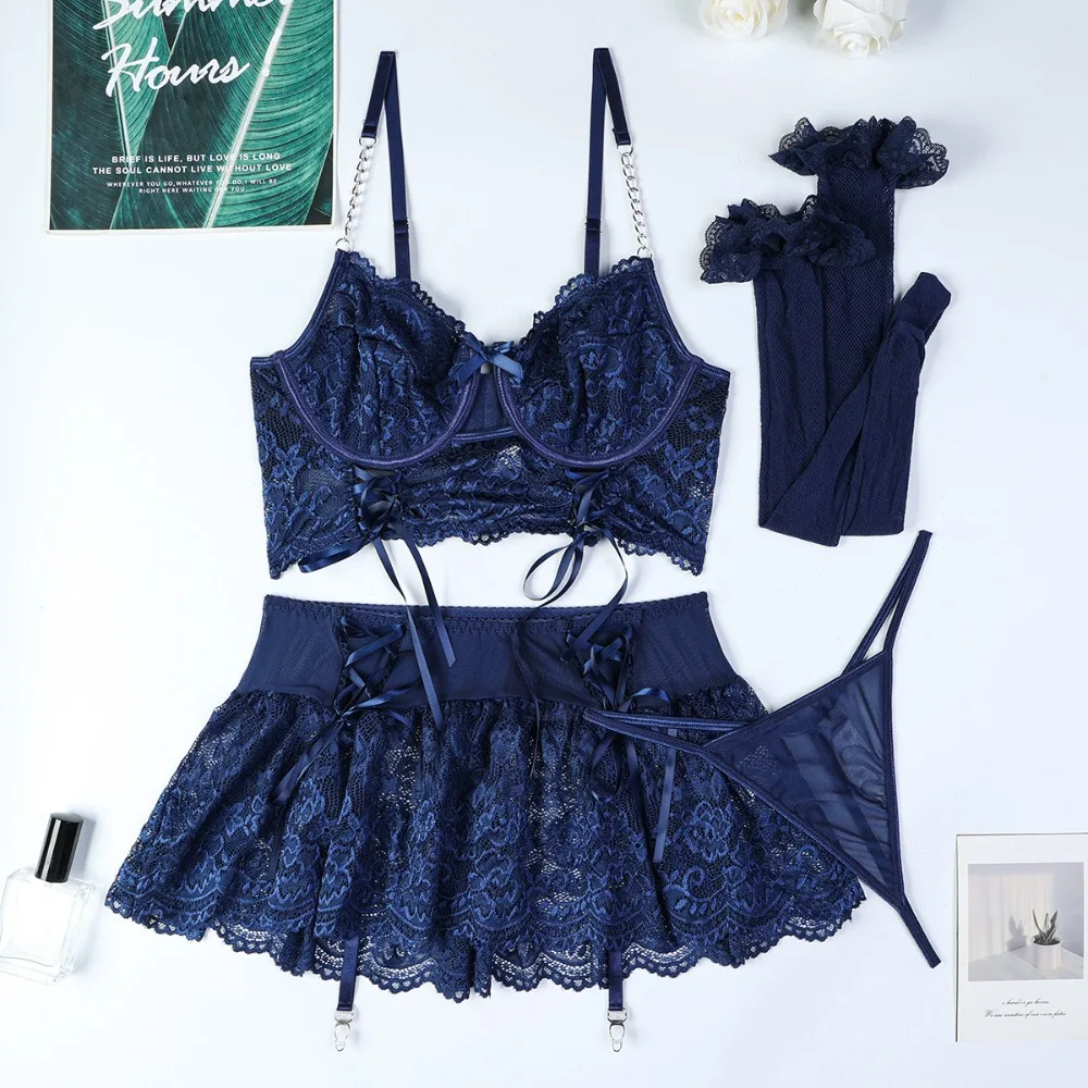 Set di biancheria intima sexy in pizzo da donna 4 pezzi Biancheria intima esotica Costumi erotici ultra sexy Fantasia Reggiseno aperto G-String Calza Gonne calde