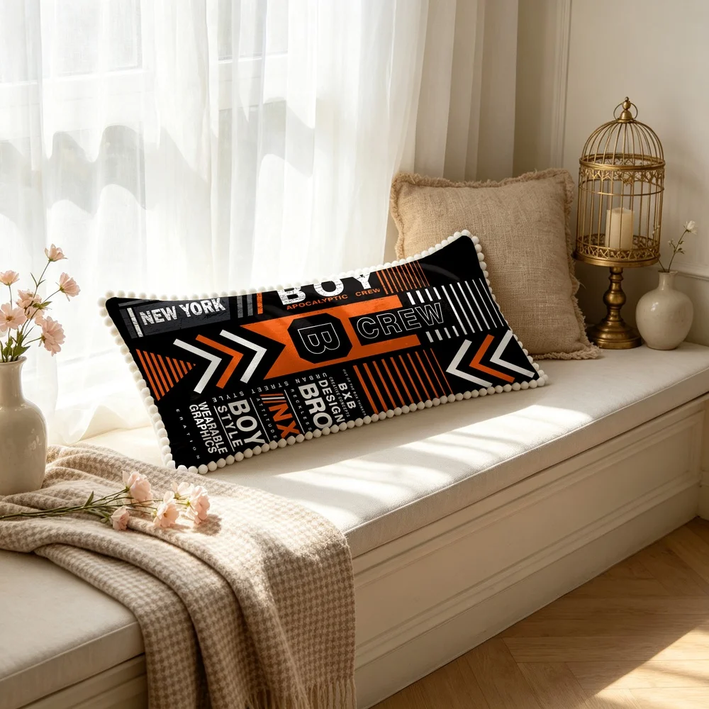 1PC Black Background with Orange White Text Geometric Pattern, Modern Street Style Typography Long Pillow Cover with Pom Pom T