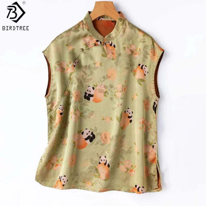 Birdtree, 100% Silk Jacquard Tshirt, Stand Collar Sleeveless Tops, Women Floral Luo Xiangyunsha Shirt, 2026 Autumn New T67515JF