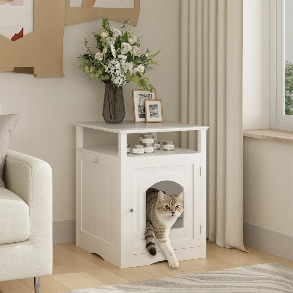 

White Cat Litter Box Enclosure: Wooden House with Hidden Litter Box, Storage Shelf & Modern Side Table