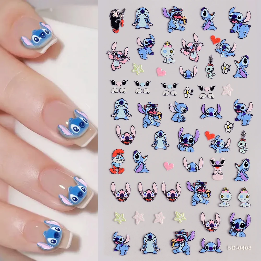 5D tłoczone kreskówki Mini Stitch naklejki na paznokcie wiele wyrażeni akrylowe naklejki na paznokcie śliczne postać z Anime Y2K suwaki do Manicure