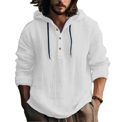 24 New cotton and linen shirts hooded loose large size casual sweater long sleeve hoodie men