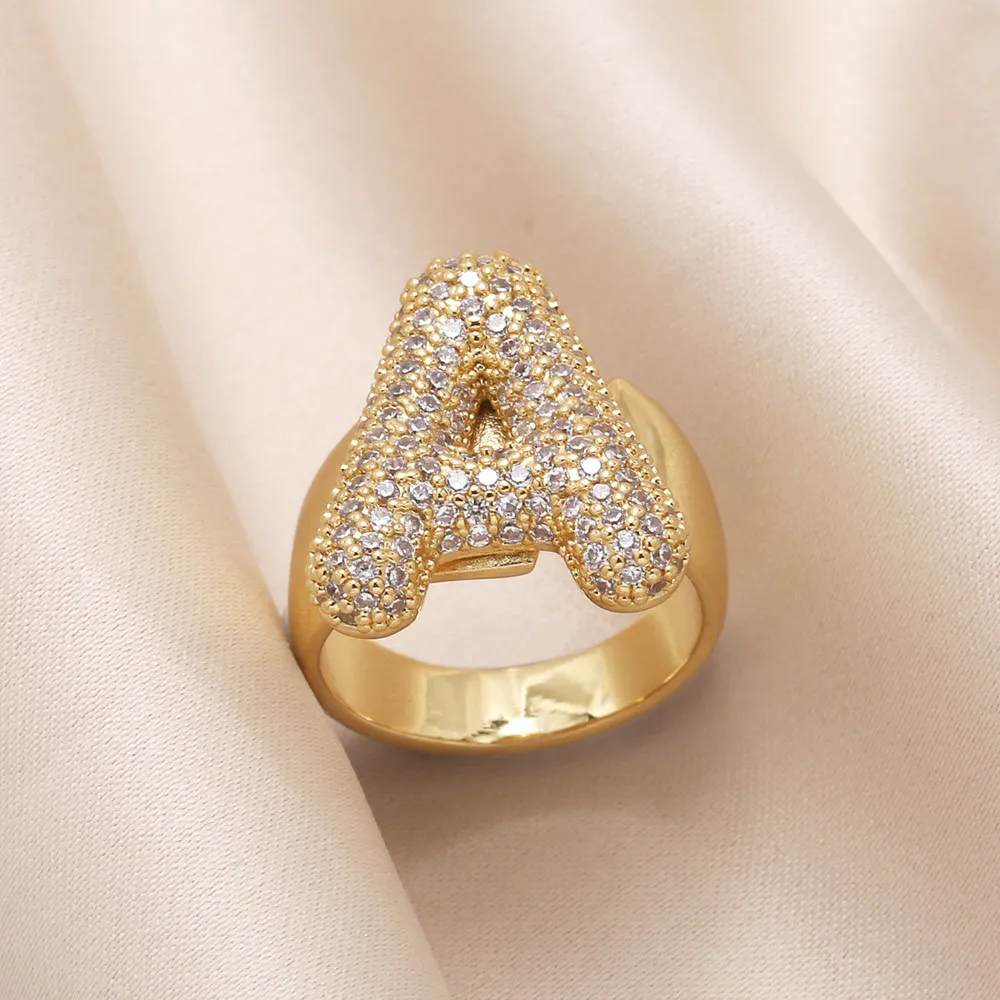 Fashion Vintage 26 A-Z Letter Rings Men and Women Micro-inlaid Zircon Trend Gold Plated Irregular Party Jewelry Gifts