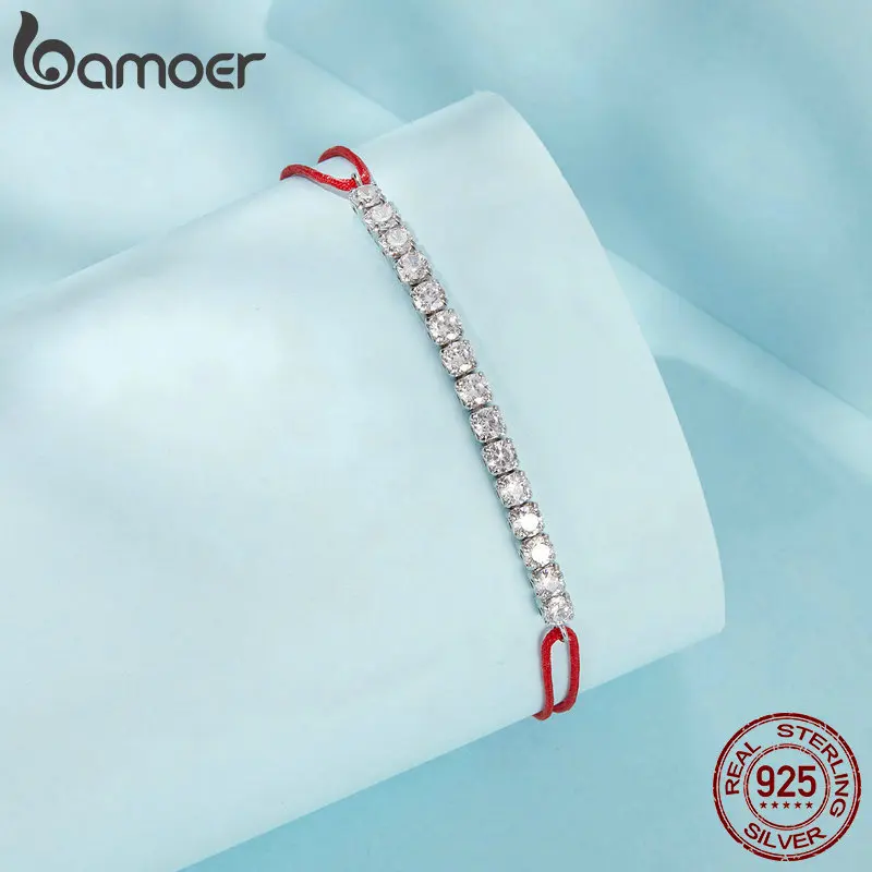 BAMOER 925 Sterling Silver Lucky Red Rope Bracelet Shiny Zircon Tennis Bracelet for Women Fine Jewelry Gift