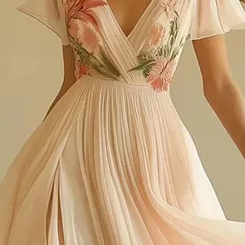 Abito da festa a maniche corte stampato con motivo alla moda Donna Abiti lunghi pieghettati con scollo a V sexy Abiti Boho in vita elastica per le vacanze estive