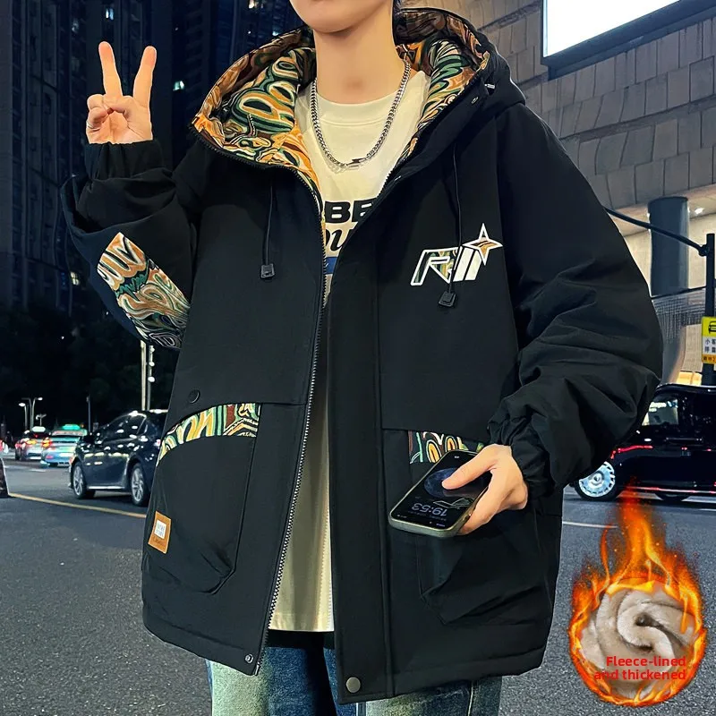 

Autumn Winter New Hooded Thiened Cotton Jaet for Men Teens Large Children Waterproof Fce Lined Loose Cool Sli Coat