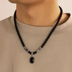 KunJoe Hip Hop Stainless Steel Square Pendant Necklace for Men Natural Tiger Eye Stone Acrylic Bead Strand Necklace Neck Jewelry