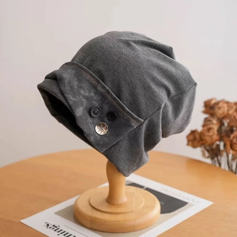 Fashion Versatile Splicing Button Baotou Cold Hat Men's and Women's Autumnand Winter AdvancedSense ShowFace Small Pile Hat Trend