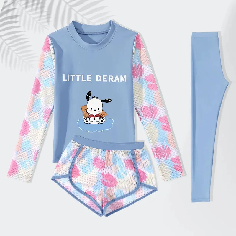 Sanrio Hallo Kitty Cinnamoroll Kinder schwimmen Kinder Sommer lang ärmel ige lange Shorts Badeanzug UV-Schutz dreiteiligen Anzug