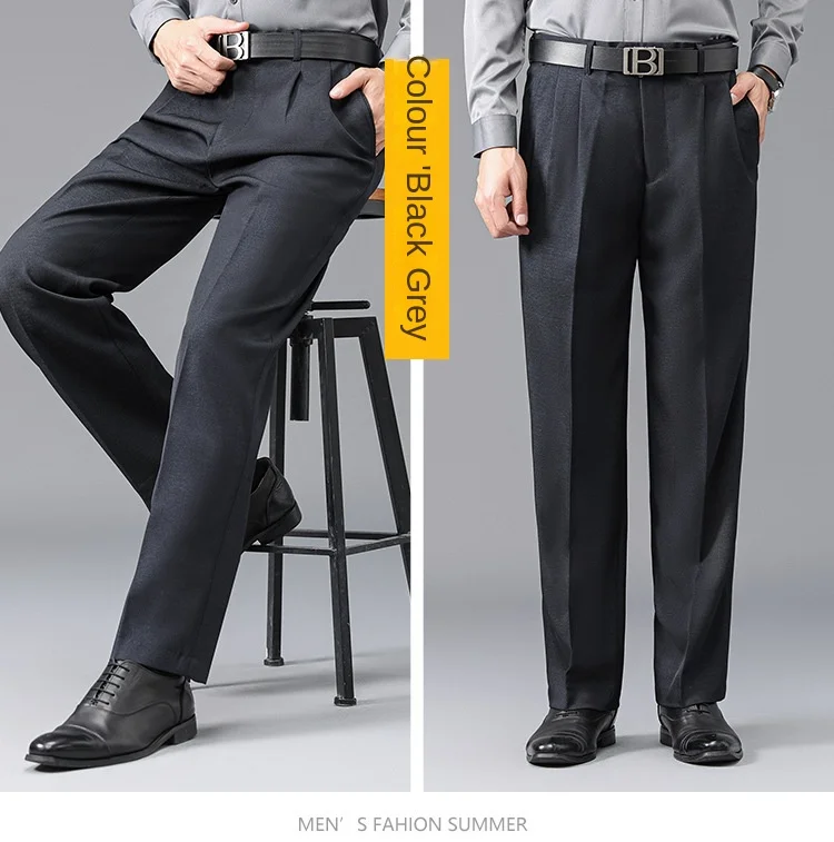 

High Waist Suit Pants Men Autumn Thicken Double Pleated Straight Loose Formal Men Trousers High Quality Black Size 29-42 44 46