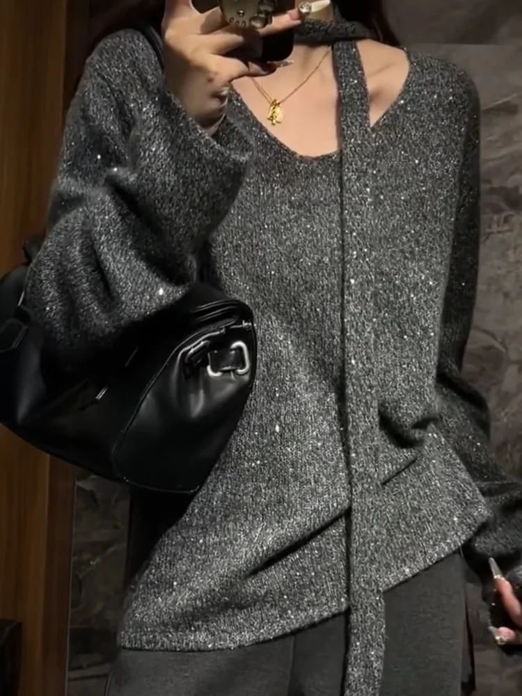 

Ele V-Ne Sweater with Sa Casual Versatile Age-Defng Top for Autumn Season Design Sensation plus Size Comfortable Fit