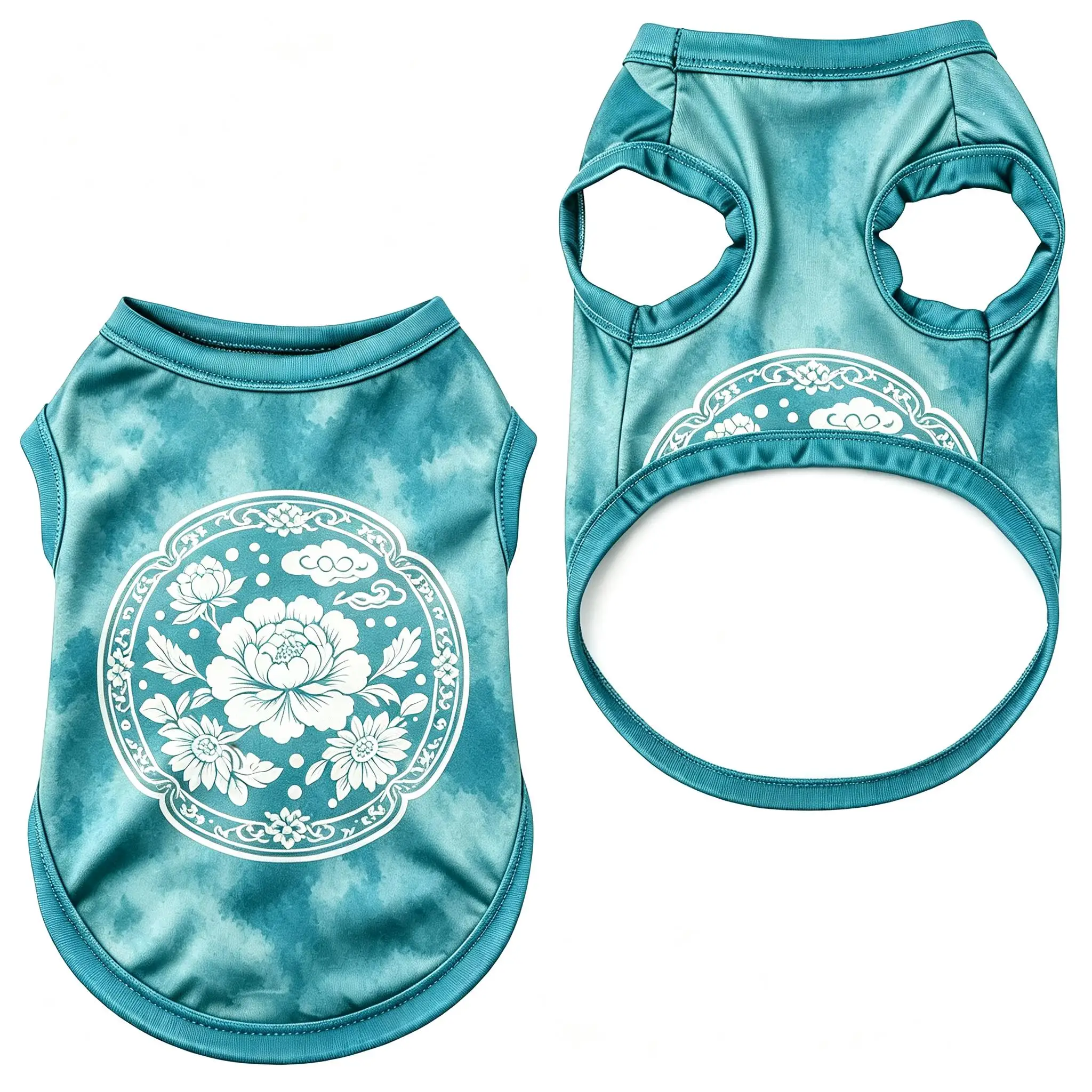 Pet Dog Vest Teal Tie Dye Peony Cloud Print Sleeveless Shirt for Small Medium Dogs Oriental Style Theme Daily Wear