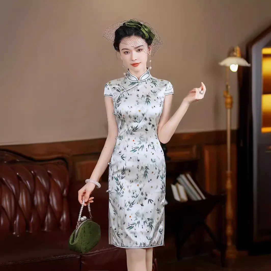 High Quality Real Silk Qipao Cheongsam Top Skirt Fit Hanfu Evening Dress Old Shanghai Waist- Lady