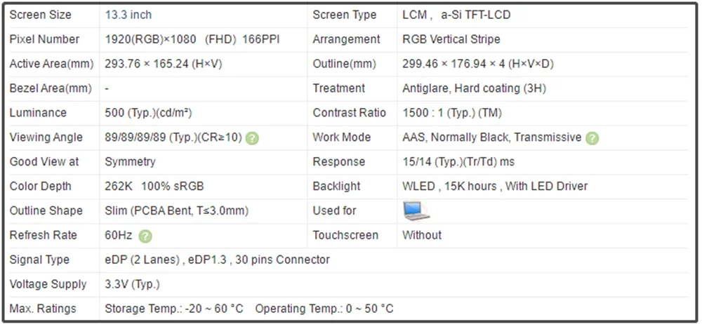 N133HCG-G52 N133HCG G52 13.3 Inch LCD Screen IPS Panel Slim FHD 1920x1080 500 cd/m² (Typ.) 100% sRGB 60Hz EDP 30pins