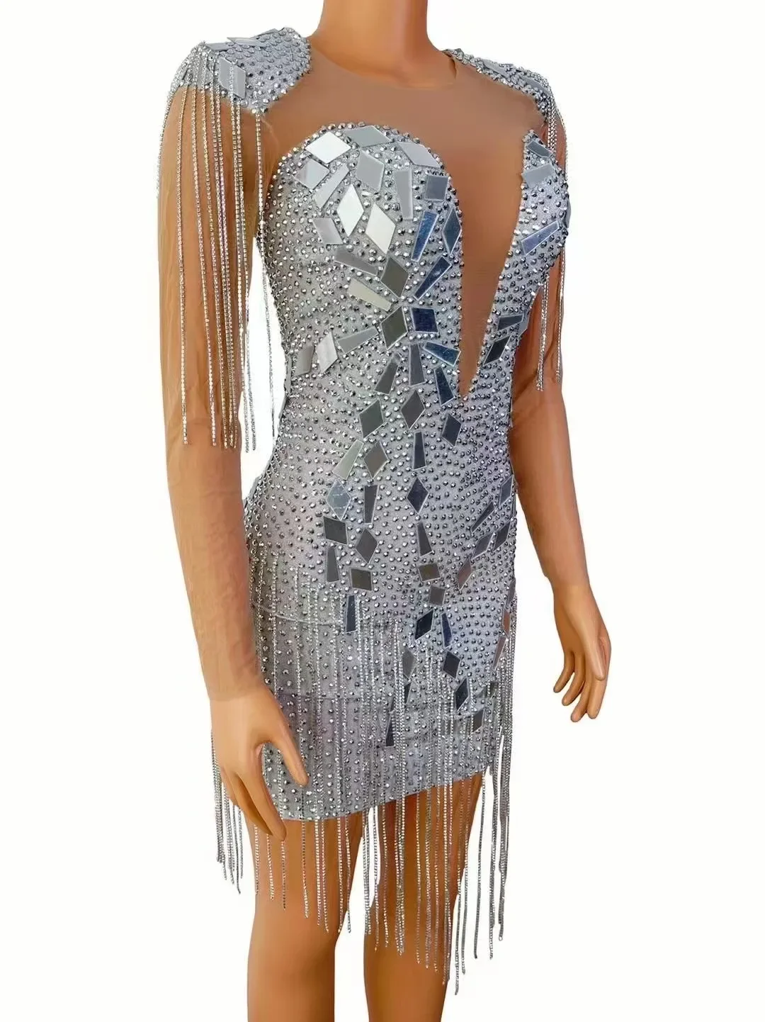Vestido de cumpleaños con espejos, traje de escenario, cadenas de cristales, vestido de malla transparente para fiesta, celebración, disfraz con flecos, club nocturno
