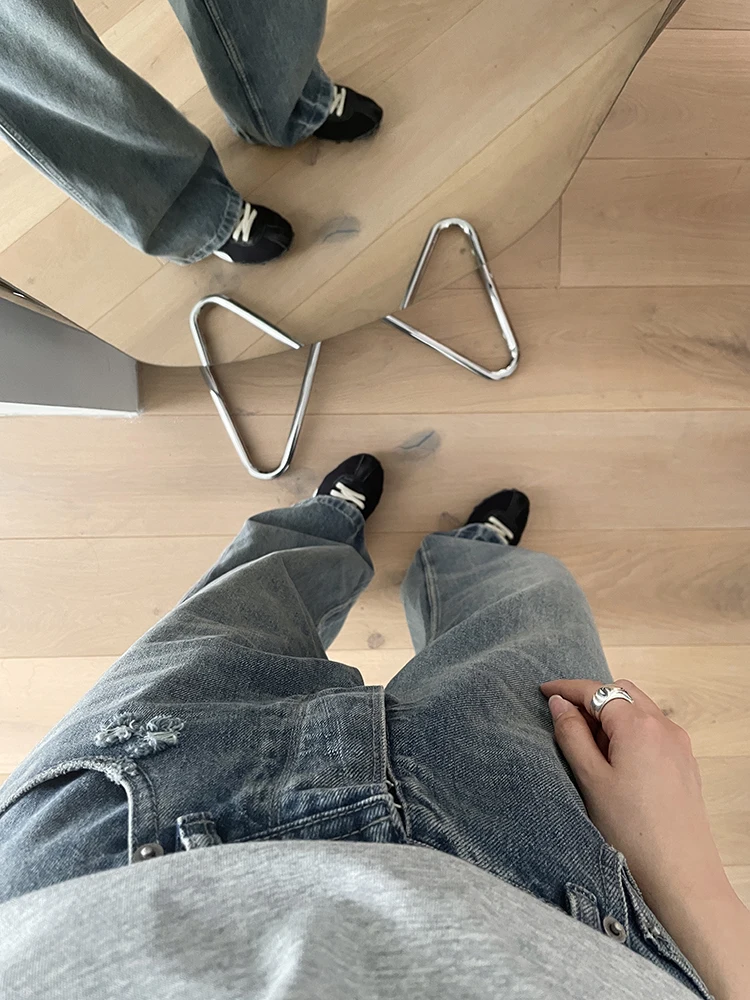 

Модные прямые джинсы с высокой талией, женские синие длинные брюки с поясом и синим дизайном для всех сезонов