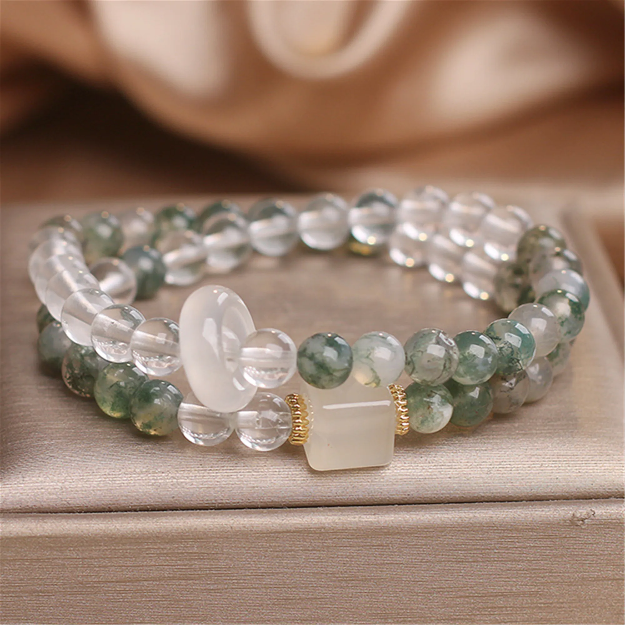 New Natural White Crystal Bracelet Female Green Aquatic Agate Double Loop Running Bracelet Ethnic Style Yoga Meditation Jewelry