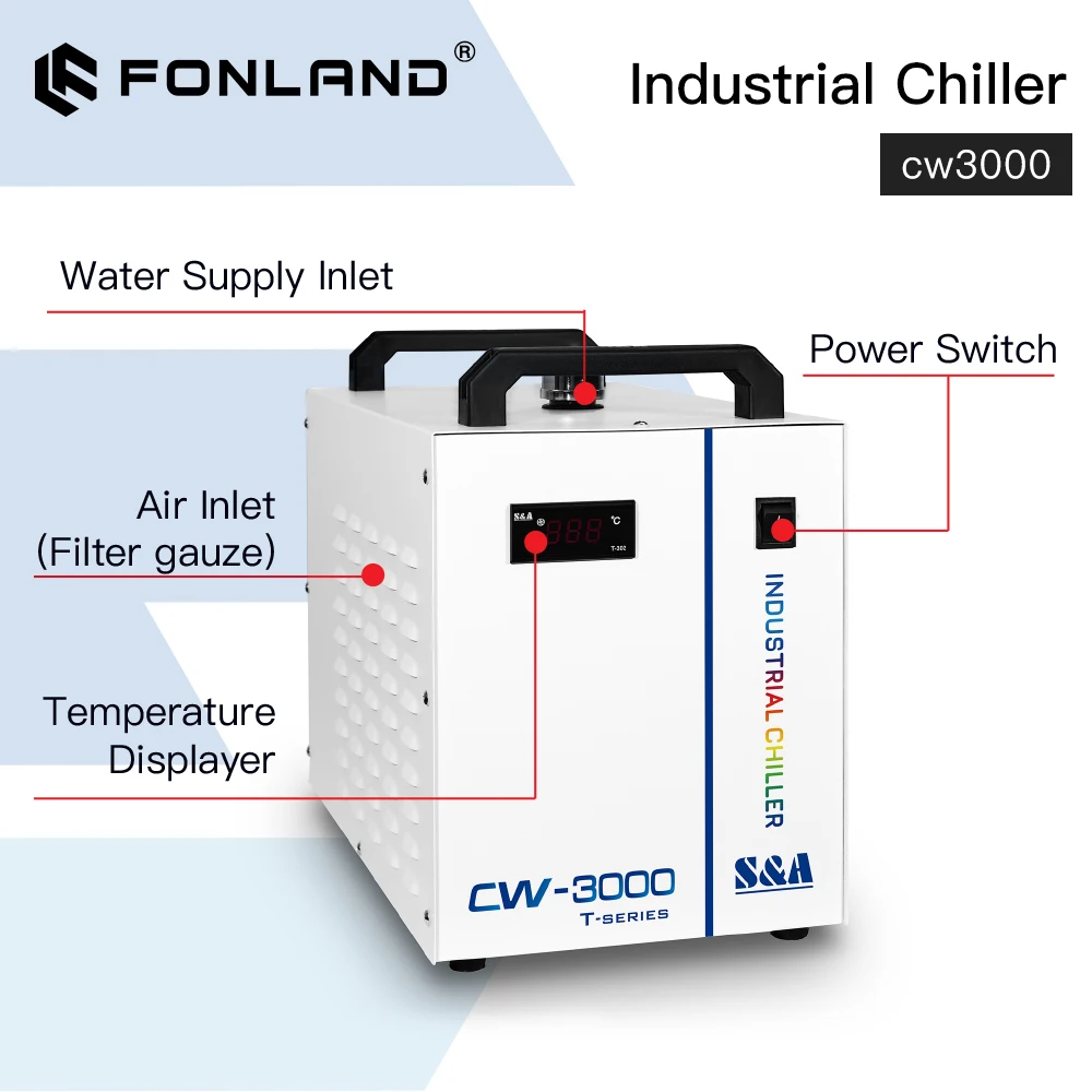 FONLAND S&A CW3000 Industrial Water Chiller for CO2 Laser Engraving Cutting Machine Cooling 60W 80W Laser Tube DG110V AG220V