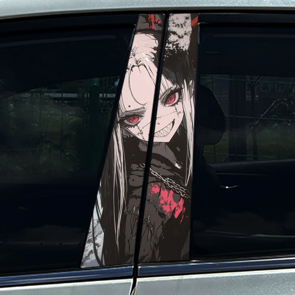 

2PCS Demon Anime Girl Print Car B Pillar Sticker, Waterproof Vinyl Anti-scratch Decor Protector Film