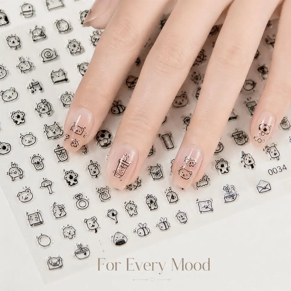 1Pc Black White Embossed Nail Stickers Cute Doodle Animal Snack Pattern Adhesive Decals For Kawaii Daily Nail Manicure Decor