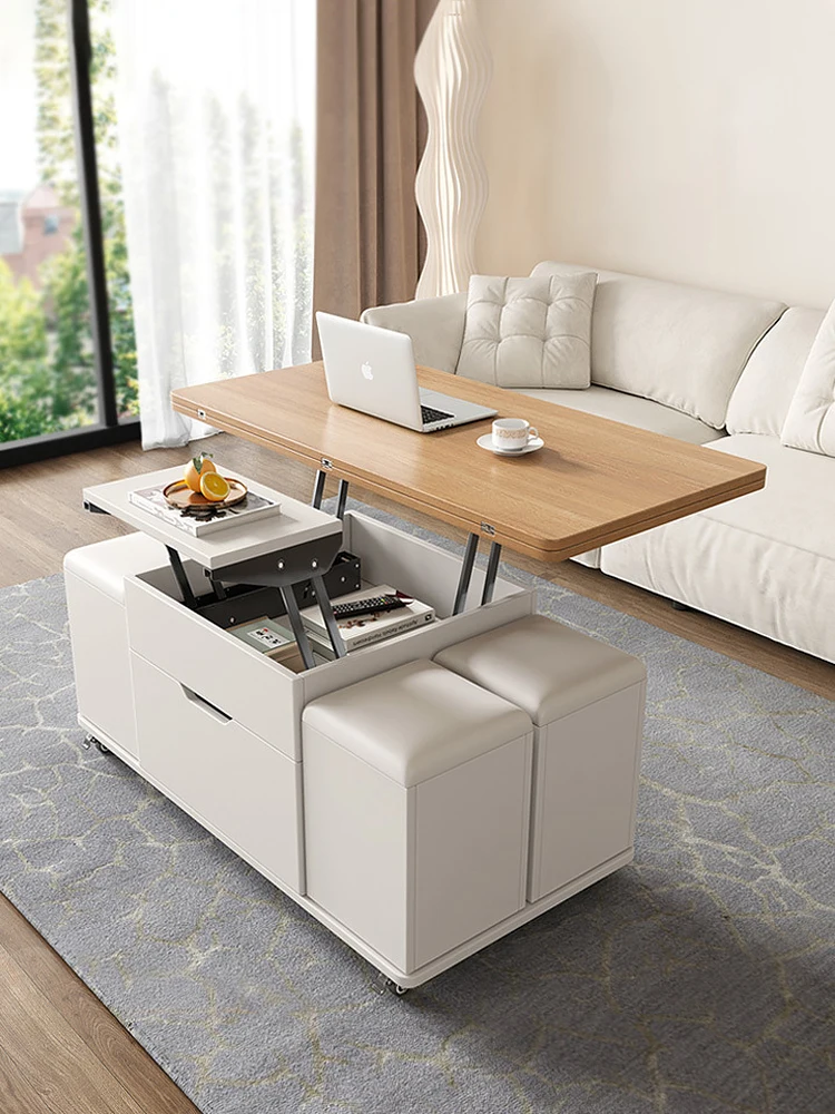 Lifting coffee table dining table integrated two-in-one folding household small apartment living room movable with stool