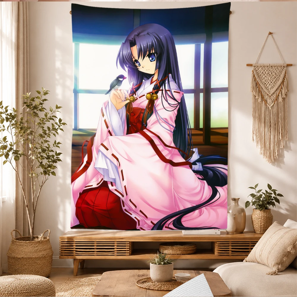 Cute Anime Girl Tapestry Wall Hanging Long Dark Hair Pink Miko Kimono Shrine Maiden Bird Art Bedroom Dorm Home Decor Fans Gifts