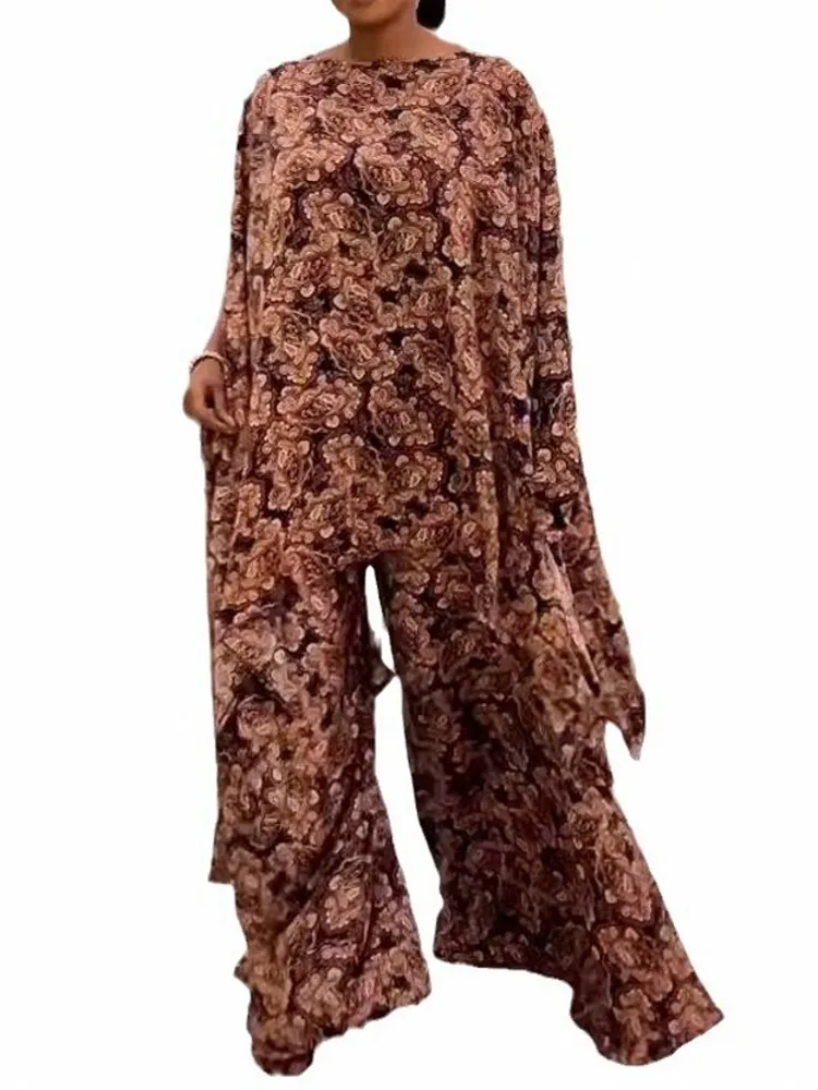 2 Two Piece Set Chiffon Africa Clothes For Women African Dashiki Fashion Suit Printed Loose Shawl Top And Wide Leg Pants Suits