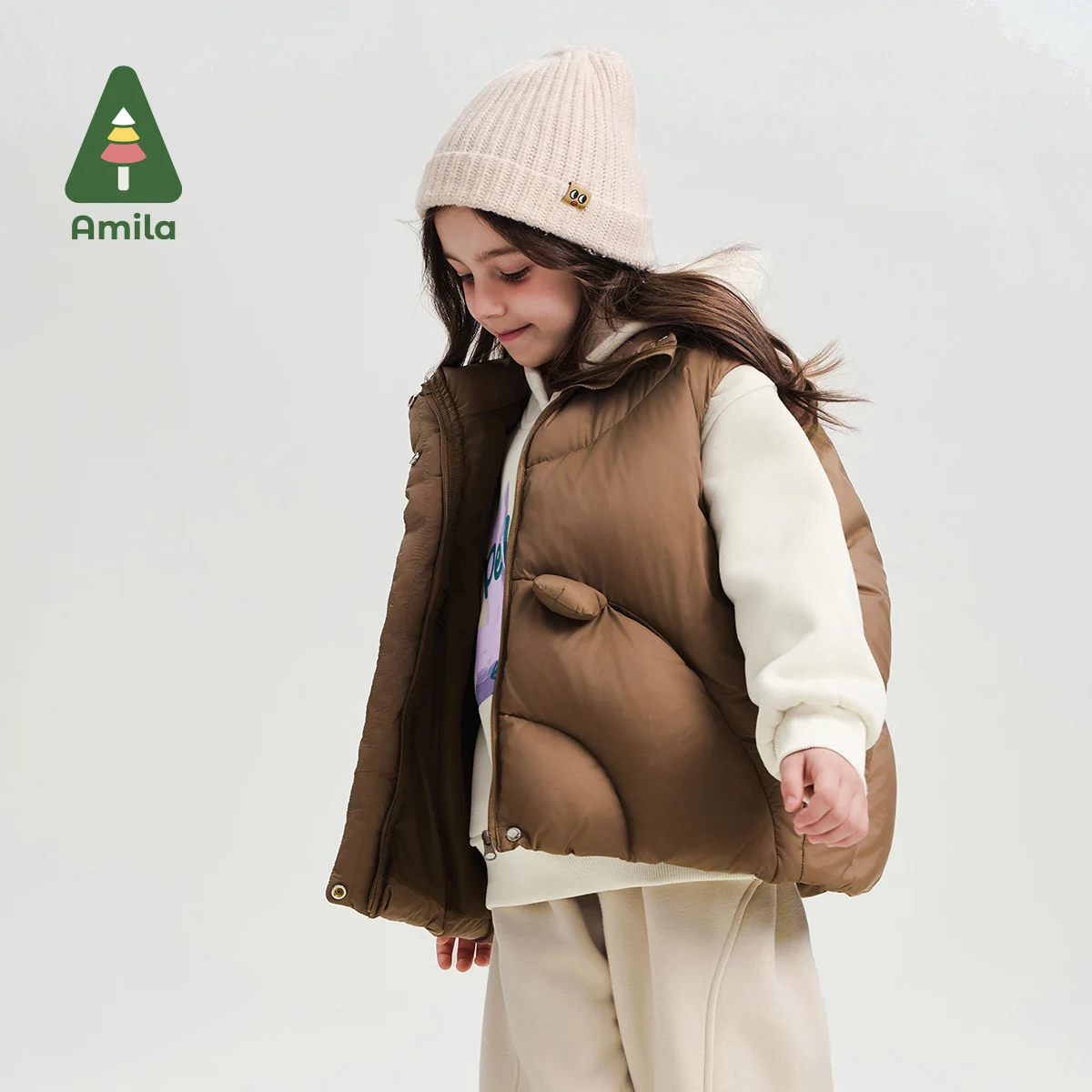 Amila Baby Vest 2024 Winter New Style Girls Solid White Duck Down Warm Soft And Skin-Friendly Loose Casual Children\'s Jacket