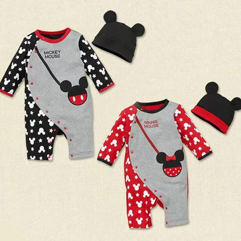 Spring Baby Rompers+Hat 2pcs Set Cartoon Mickey Minnie Boys Girl Jumpsuit Infant Costumes Newborn Baby Clothes Lovely Baby Suits