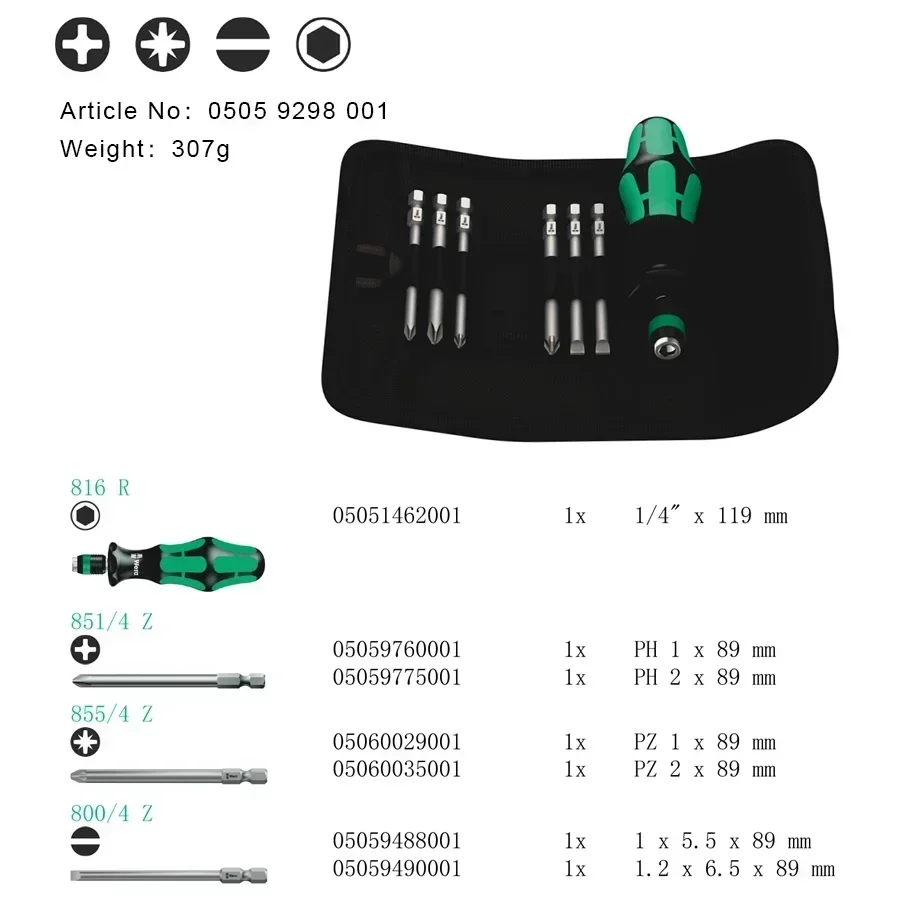 WERA 05059298001 7 PCS Screwdriver Set 6 Long Drill Bits Anti Slip Design for Slotted Phillips Pozidriv Hex Screws with Tool Bag