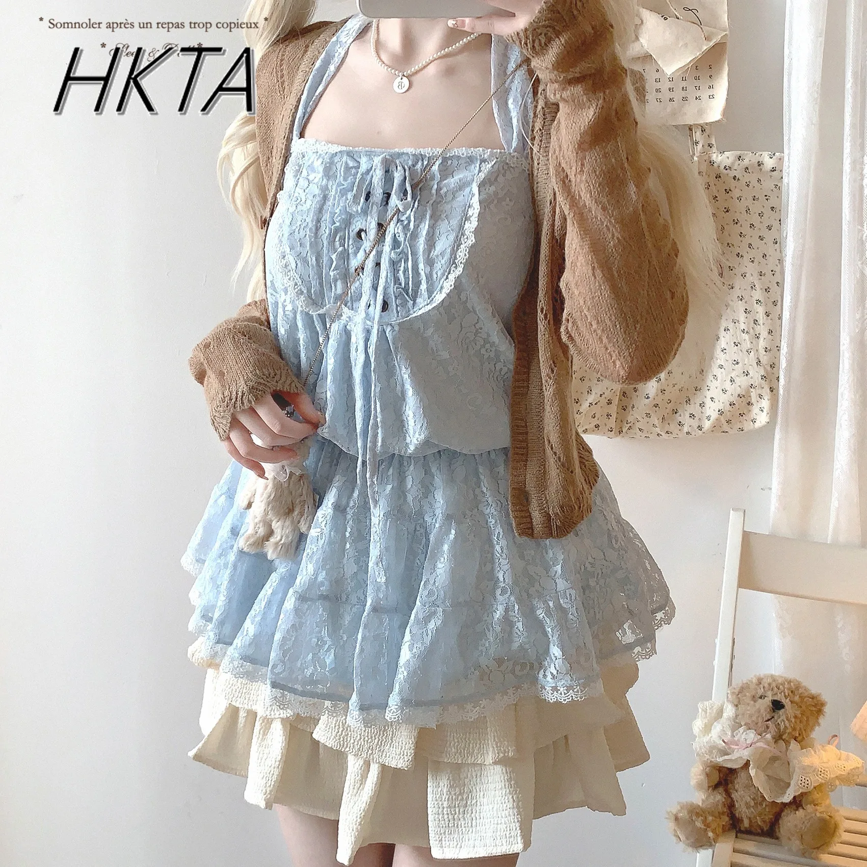 Japońska Sukienka Lolita w Stylu New Vintage Kawaii z Paskiem na Szyję, Podkreślająca Talia, Koronkowa Sukienka dla Gorącej Dziewczyny, Słodka i Urocza Letnia Koronkowa Krótka Sukienka Lolita Damska