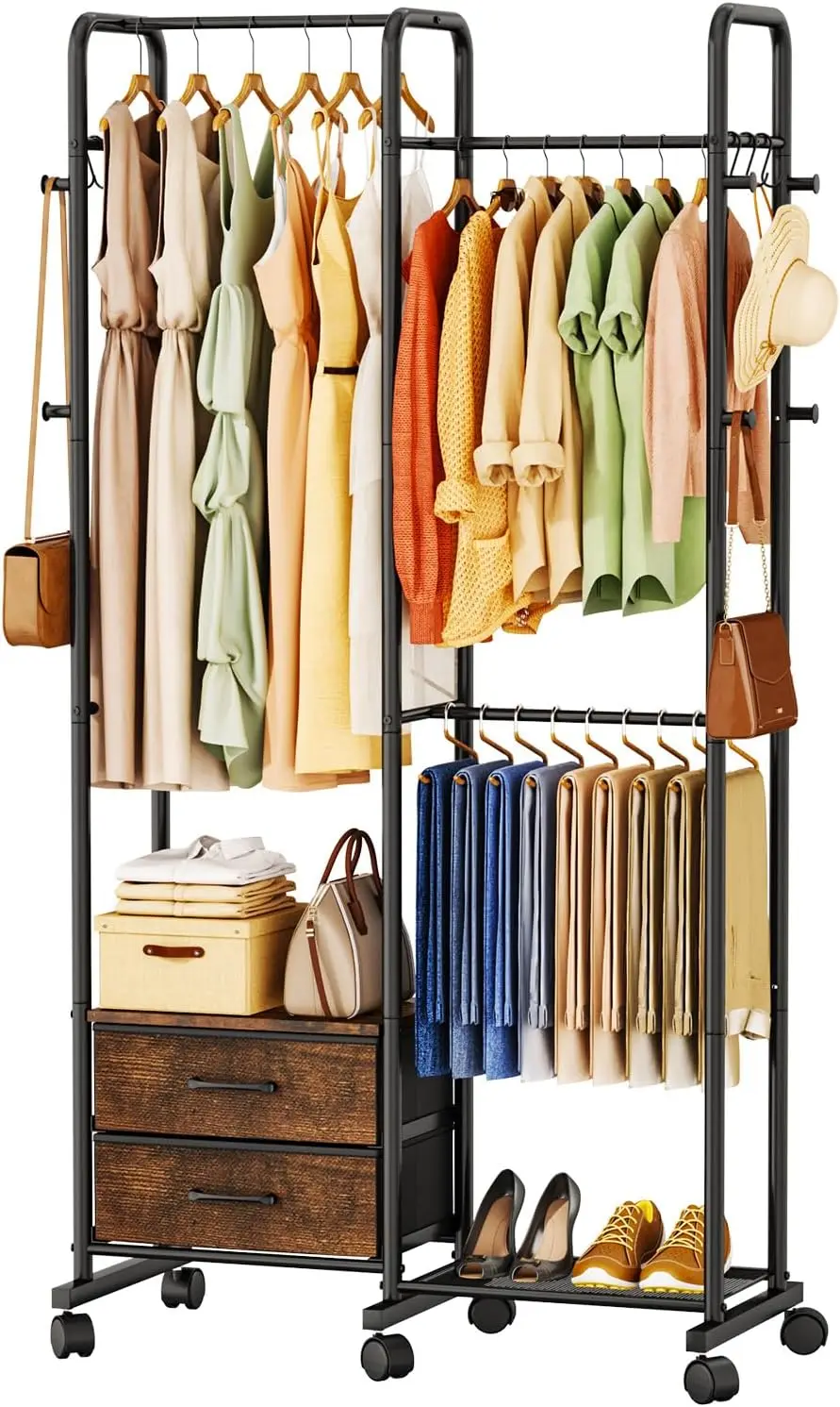 Portable Rolling Clothes Rack with Lockable Wheels - Black Garment Storage for Bedroom Closet