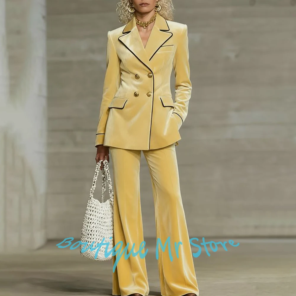 

Роскошная женская желтая бархатная одежда, двубортный пиджак + брюки, элегантный зимний повседневный костюм, облегающая офисная верхняя одежда