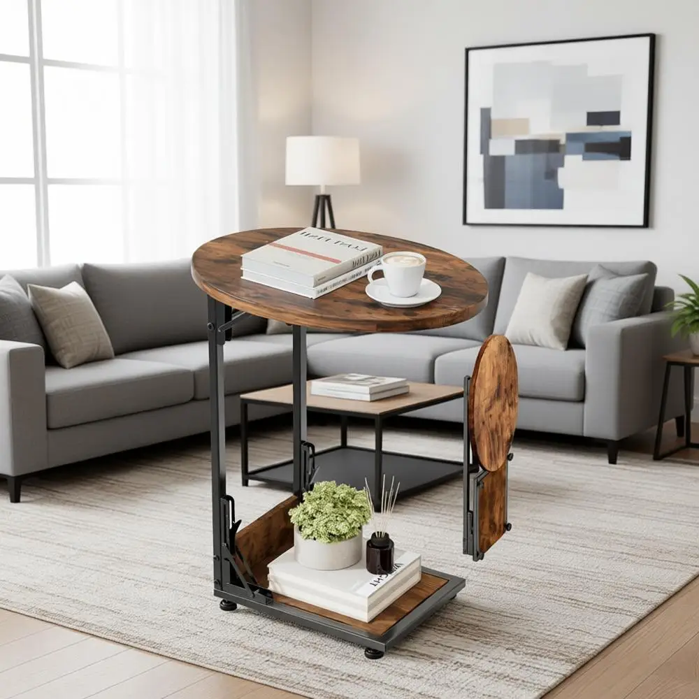 

Vintage Wood Color Side Table, C-Shaped TV Stand, Sofa Living Bedroom Coffee Table for Small Spaces