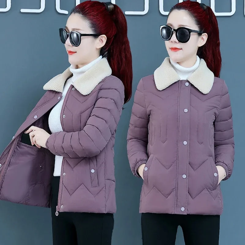 Quilted Cotton-Padded Jacket Women's New Warm And Slim Ladies 2023 Coat Down Cotton Jacket Lamb Wool Collar Winter Outcoat Femal