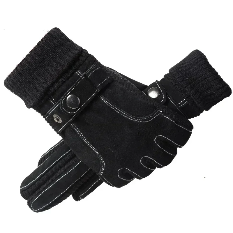 Pigskin Gloves Men's Winter Riding Touch Screen Warm Windproof Plush Thickened Cotton Gloves Outdoor Cycling Motorcycle Gloves